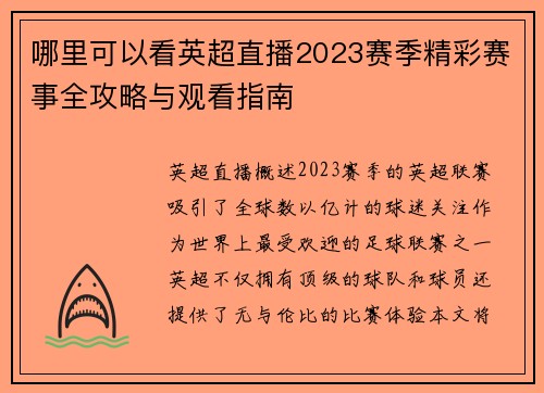哪里可以看英超直播2023赛季精彩赛事全攻略与观看指南