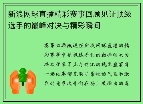 新浪网球直播精彩赛事回顾见证顶级选手的巅峰对决与精彩瞬间